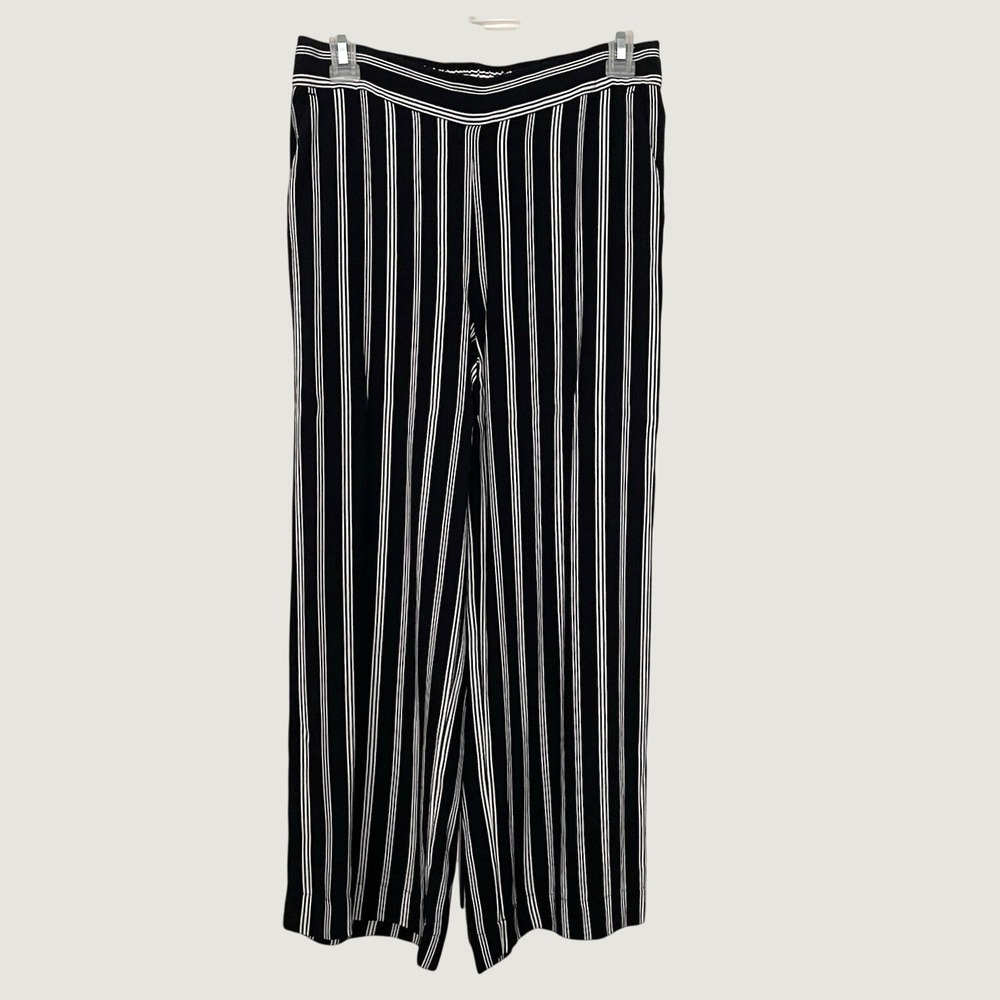 LOFT Women Black White Striped Wide Leg Pants Elastic Waist Pockets XS